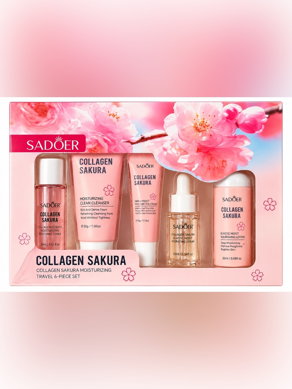 SADOER Collagen Sakura Moisturizing Skincare Travel 6-Piece Set NEW
